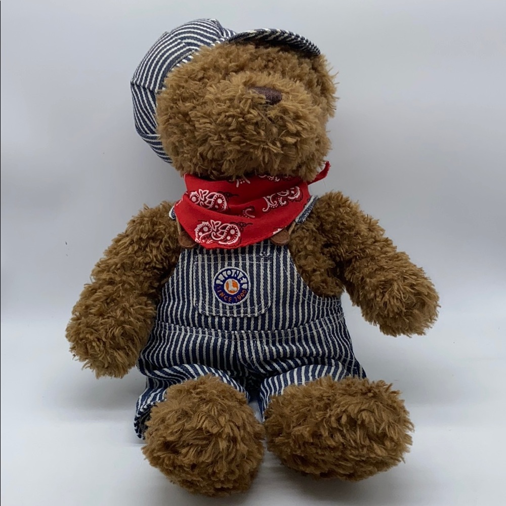 Lionel Train Conductor Brown Teddy Bear with Striped Overalls & Red Bandana 16”